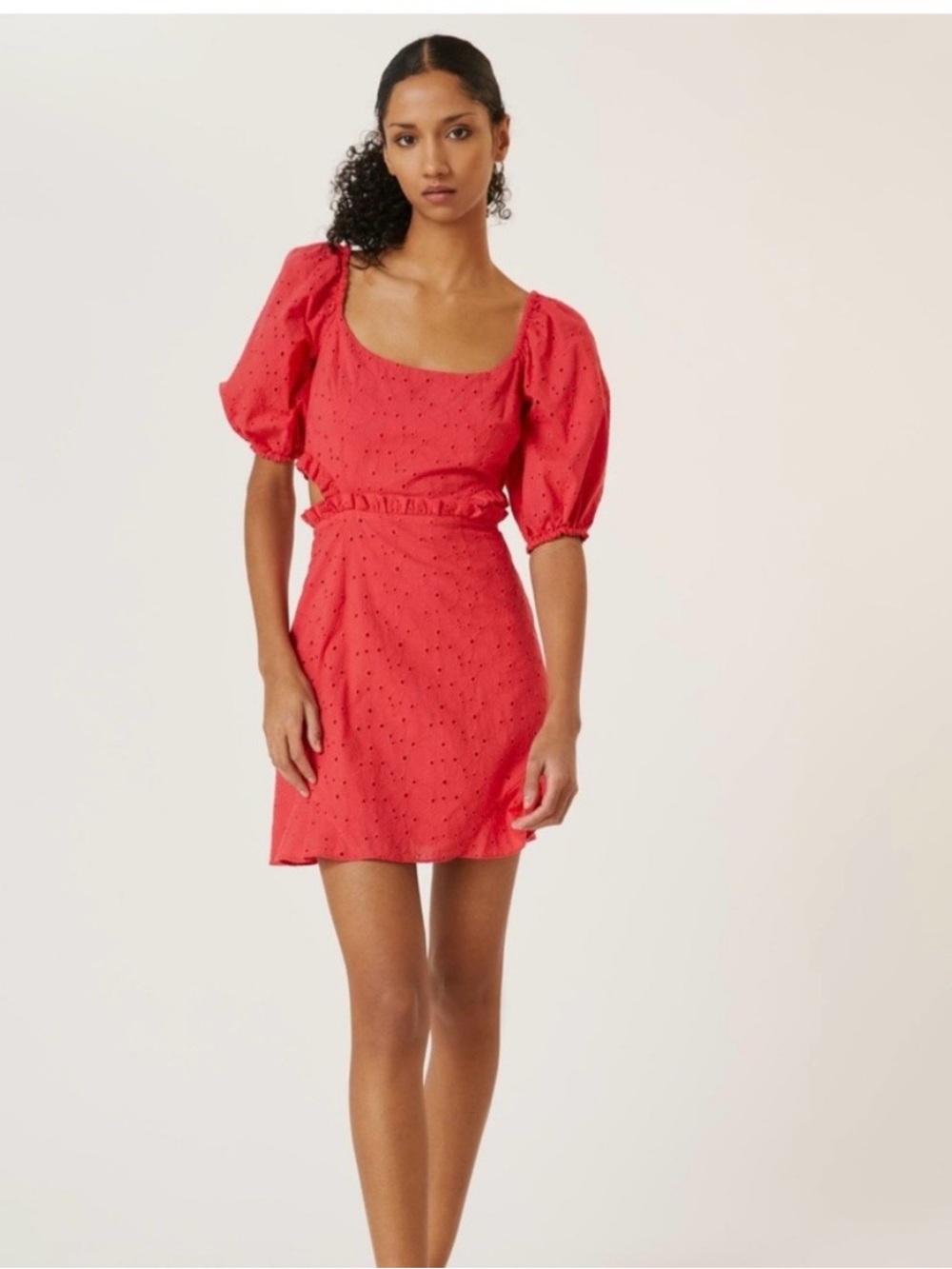 Women's Red Puff-Sleeve Eyelet Mini Dress